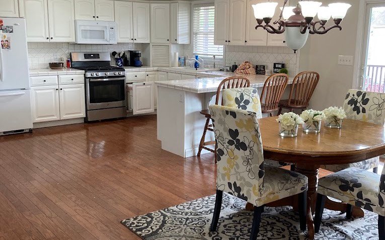 Clean open-plan kitchen and dining room in an Indiana home