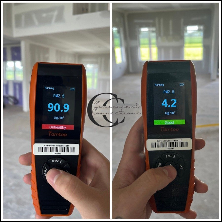 Air quality readings before and after a post-construction clean, falling from 90.9 to 4.2 micrograms per cubic meter