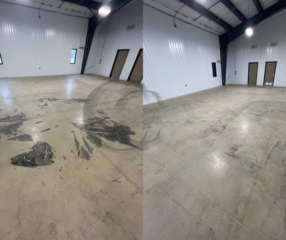 Before and after of a warehouse floor scrubbed clean of ground-in dirt