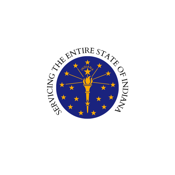 Badge reading Servicing the Entire State of Indiana around the Indiana torch and stars emblem