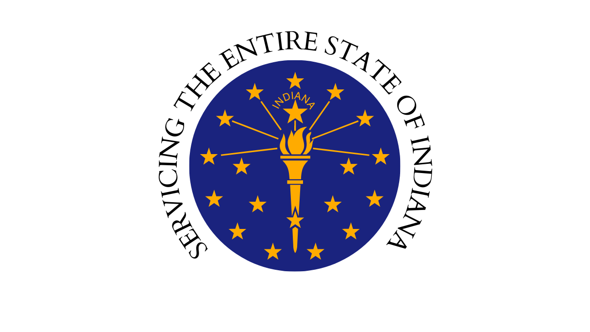 Badge reading Servicing the Entire State of Indiana around the Indiana torch and stars emblem