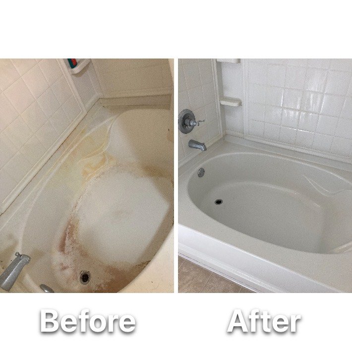 Before and after of a bath descaled and stain-treated