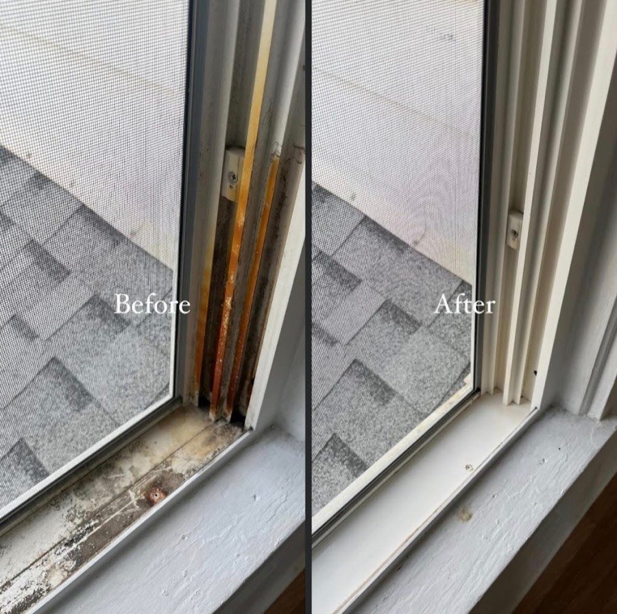 Before and after of a window track cleaned of rust and grime